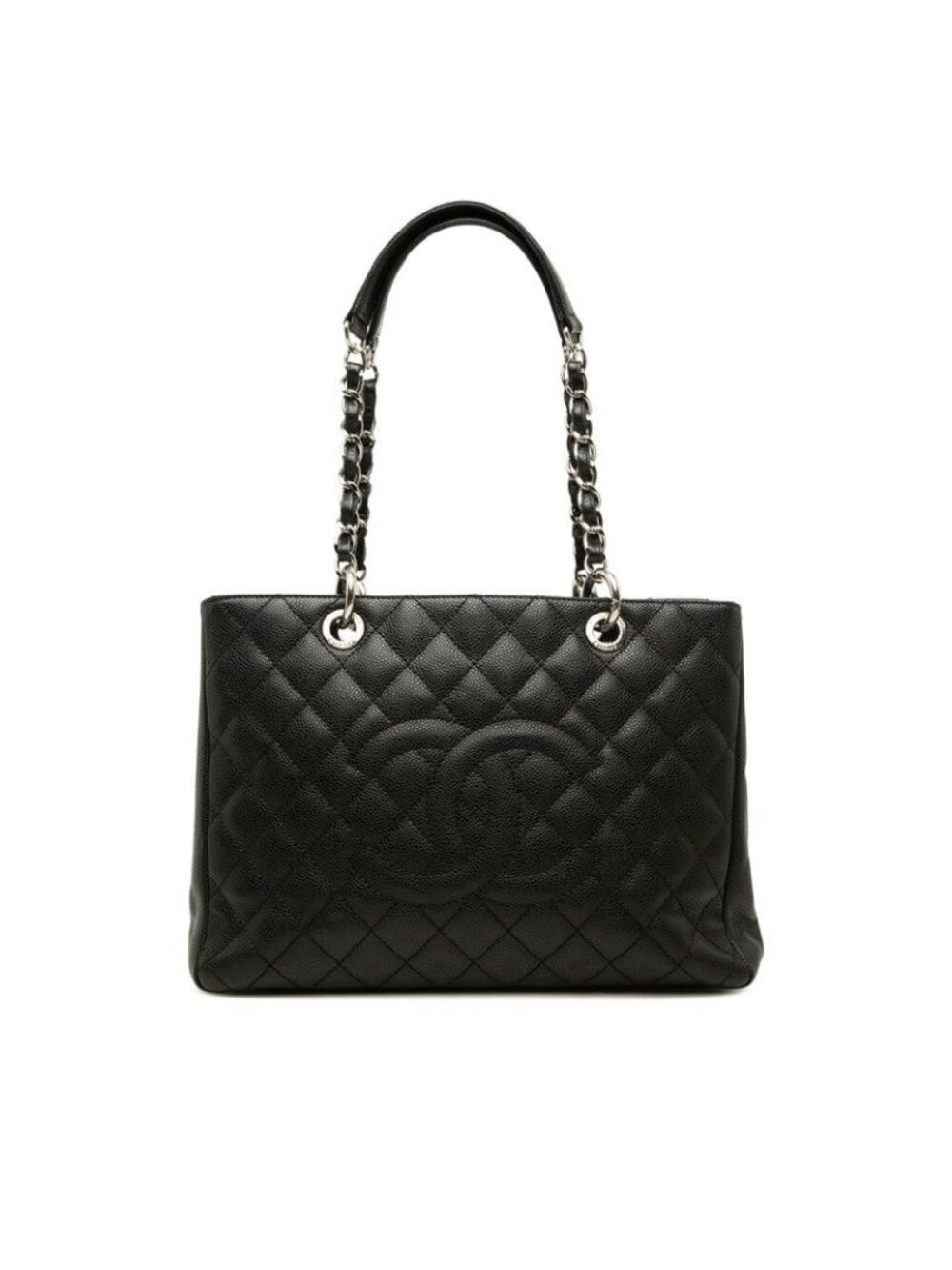 Chanel CC Logo Quilted Grand Shopping Tote GST Chain Shoulder Bag Black Silver